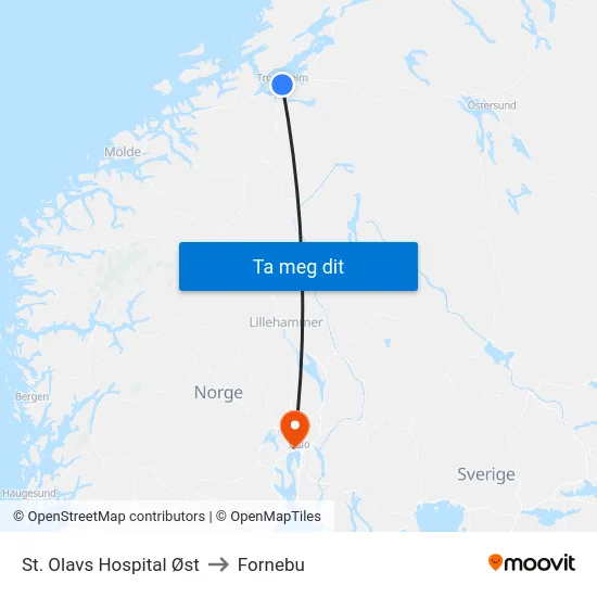 St. Olavs Hospital Øst to Fornebu map