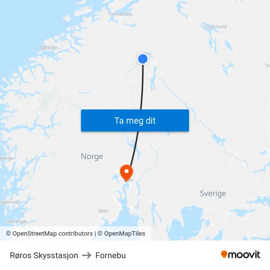 Røros Skysstasjon to Fornebu map