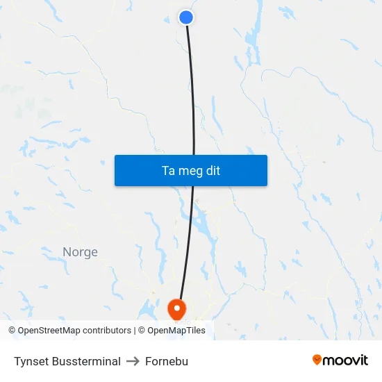 Tynset Bussterminal to Fornebu map
