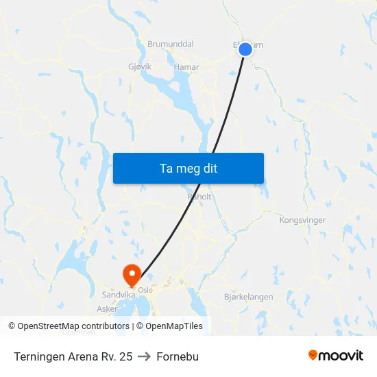 Terningen Arena Rv. 25 to Fornebu map