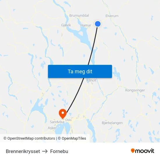 Brennerikrysset to Fornebu map