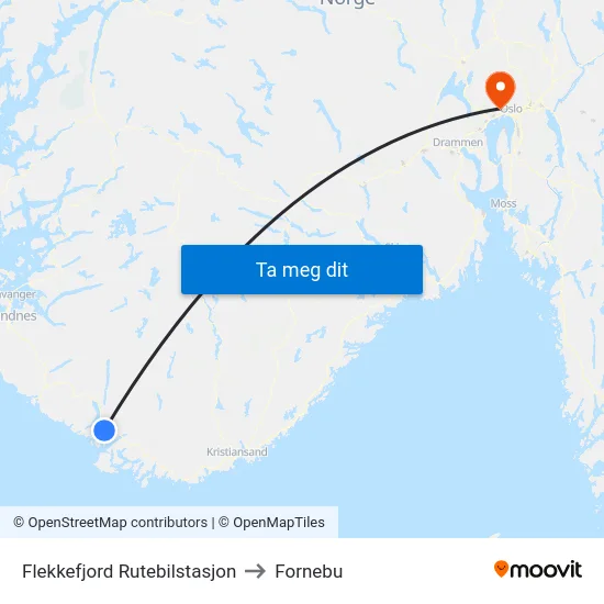 Flekkefjord Rutebilstasjon to Fornebu map