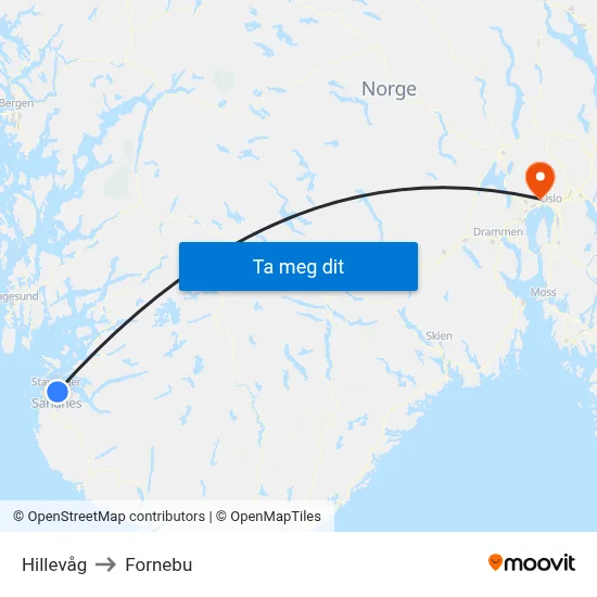 Hillevåg to Fornebu map