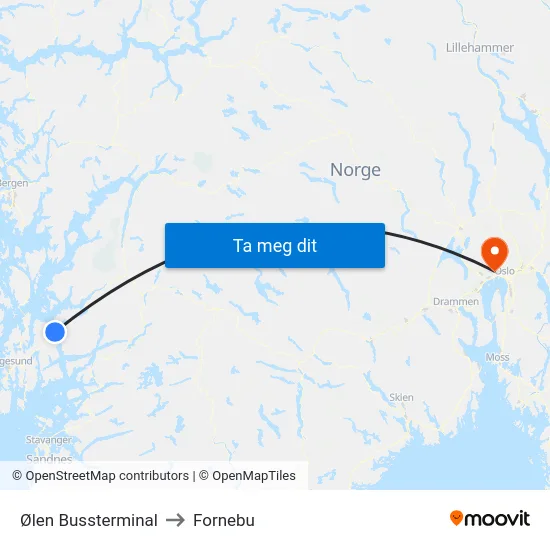 Ølen Bussterminal to Fornebu map