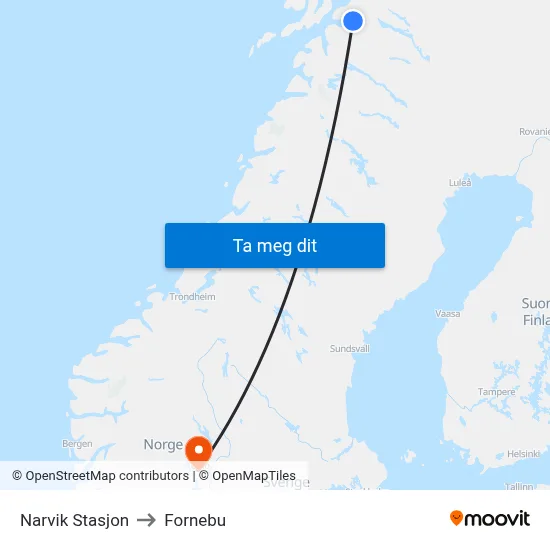 Narvik Stasjon to Fornebu map