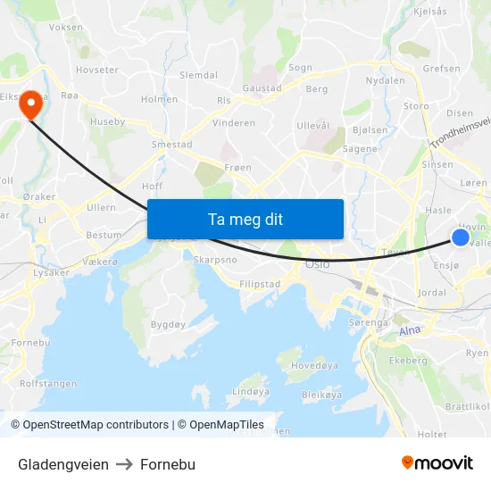 Gladengveien to Fornebu map