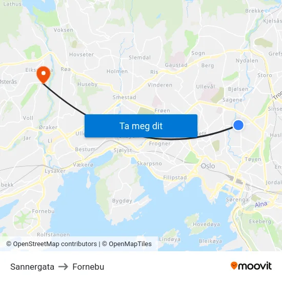 Sannergata to Fornebu map