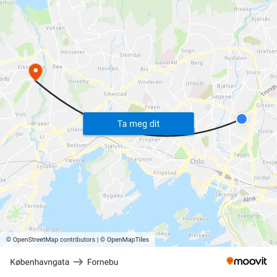 Københavngata to Fornebu map
