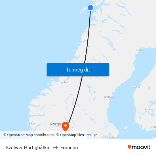 Svolvær Hurtigbåtkai to Fornebu map