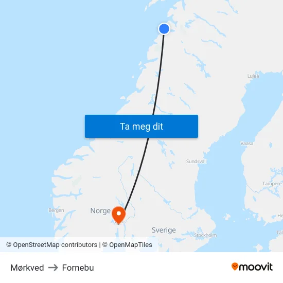 Mørkved to Fornebu map