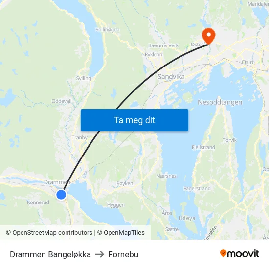 Drammen Bangeløkka to Fornebu map