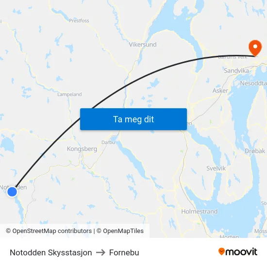 Notodden Skysstasjon to Fornebu map