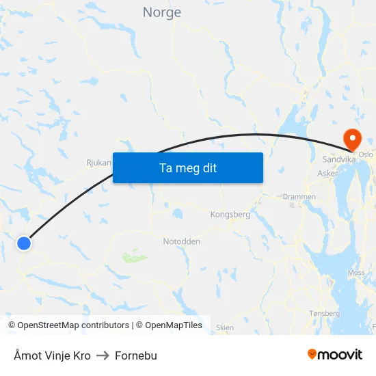 Åmot Vinje Kro to Fornebu map
