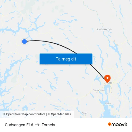 Gudvangen E16 to Fornebu map