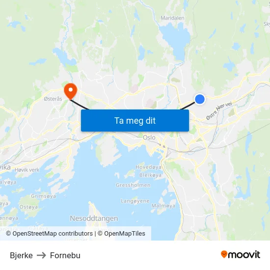 Bjerke to Fornebu map