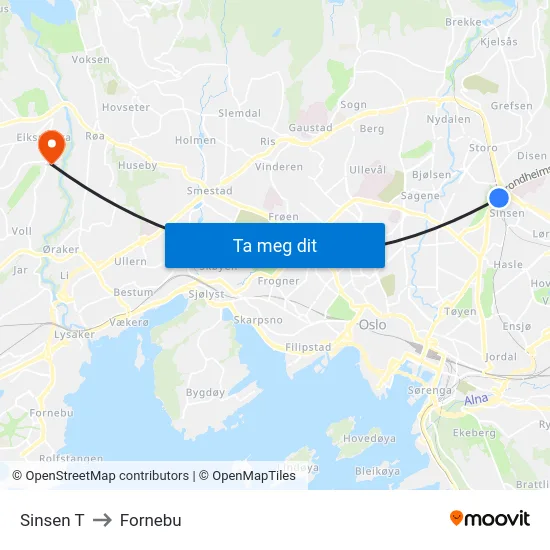 Sinsen T to Fornebu map