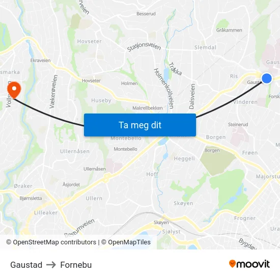 Gaustad to Fornebu map