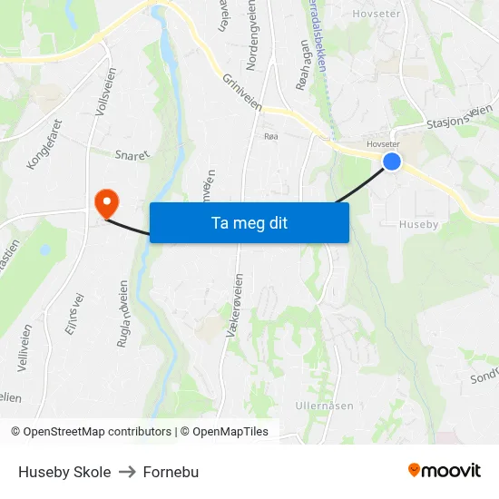 Huseby Skole to Fornebu map