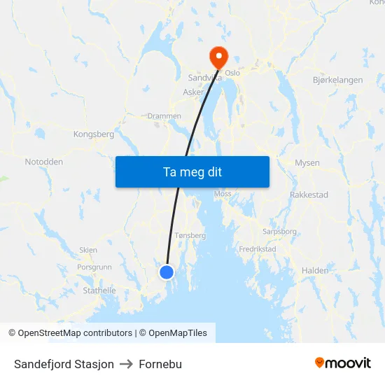 Sandefjord Stasjon to Fornebu map