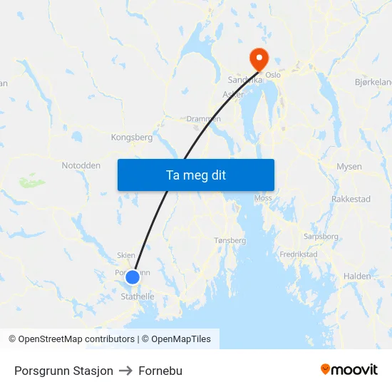 Porsgrunn Stasjon to Fornebu map