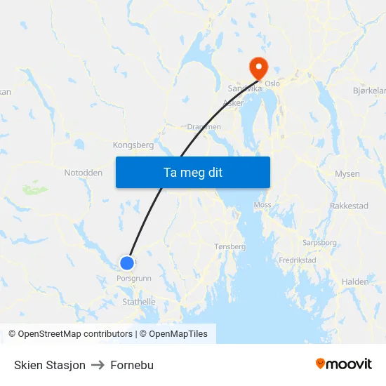 Skien Stasjon to Fornebu map