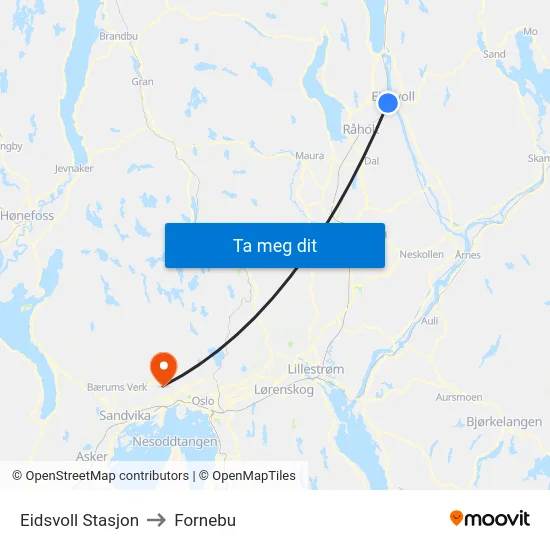 Eidsvoll Stasjon to Fornebu map
