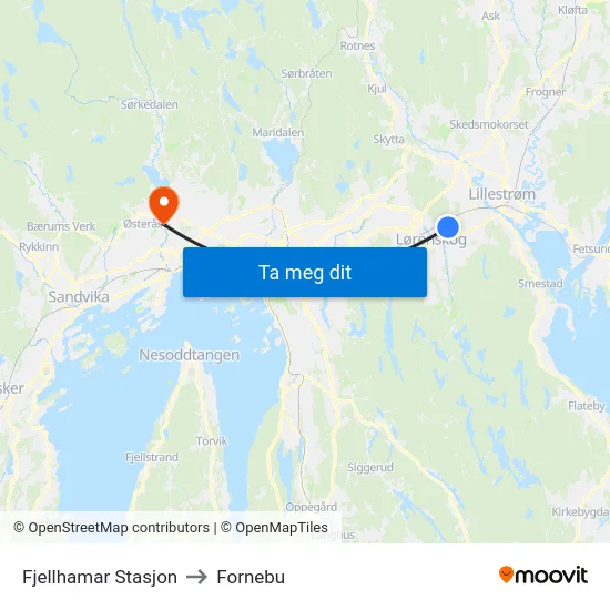 Fjellhamar Stasjon to Fornebu map