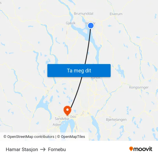 Hamar Stasjon to Fornebu map
