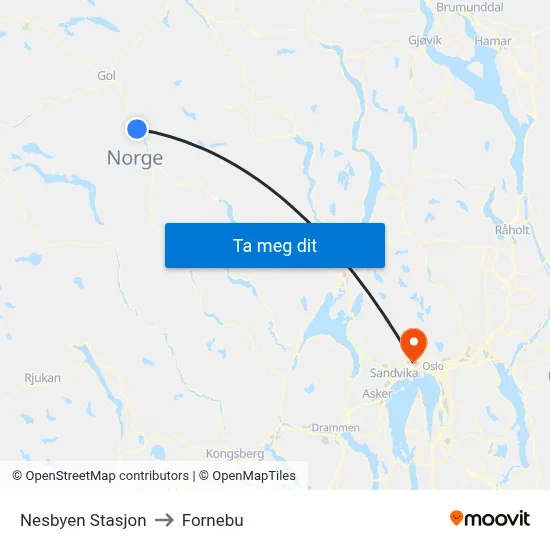 Nesbyen Stasjon to Fornebu map