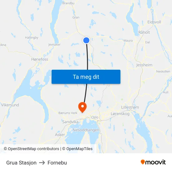 Grua Stasjon to Fornebu map