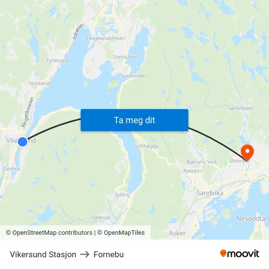 Vikersund Stasjon to Fornebu map