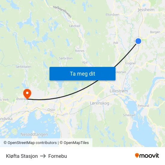 Kløfta Stasjon to Fornebu map