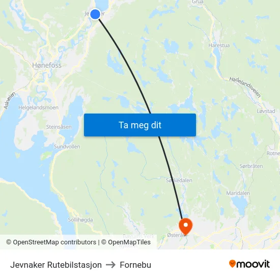 Jevnaker Rutebilstasjon to Fornebu map