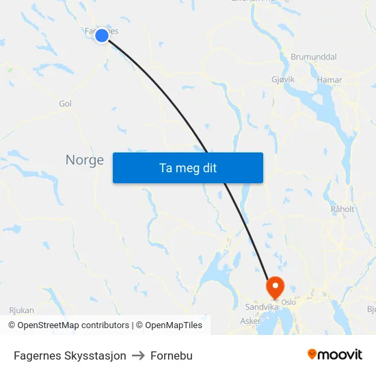 Fagernes Skysstasjon to Fornebu map