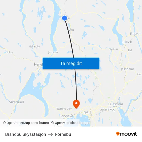 Brandbu Skysstasjon to Fornebu map