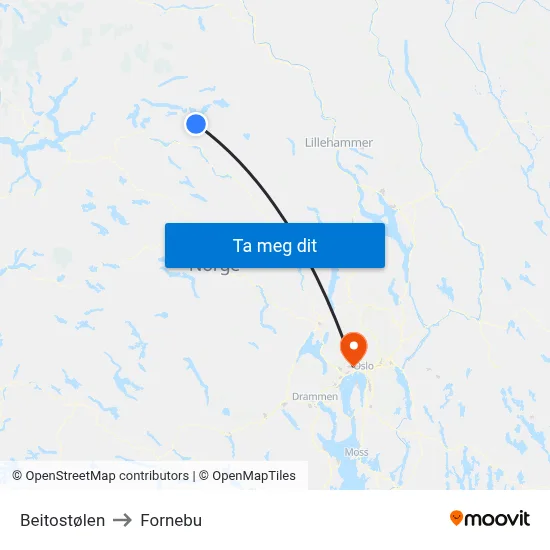 Beitostølen to Fornebu map