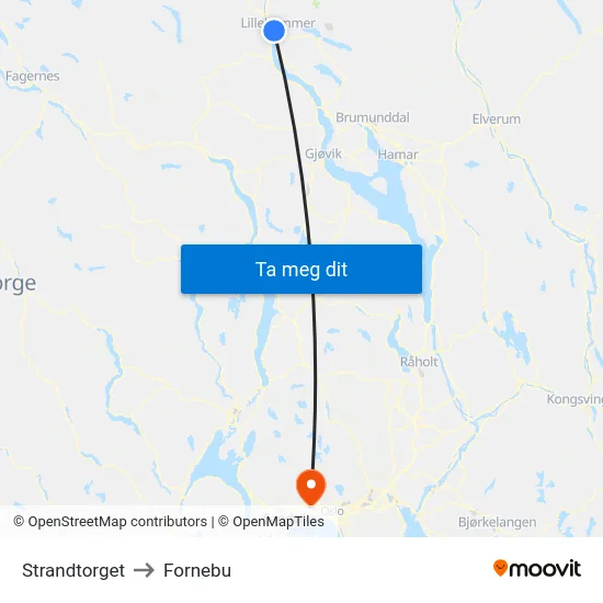 Strandtorget to Fornebu map