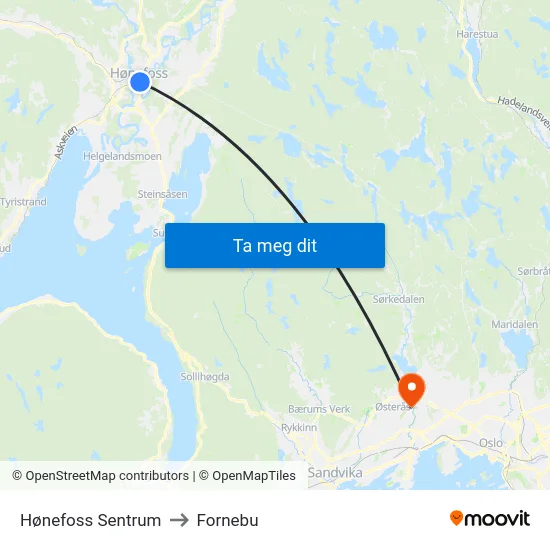 Hønefoss Sentrum to Fornebu map