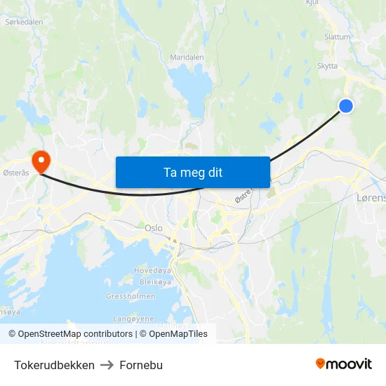 Tokerudbekken to Fornebu map