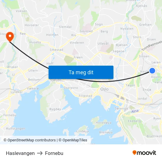 Haslevangen to Fornebu map