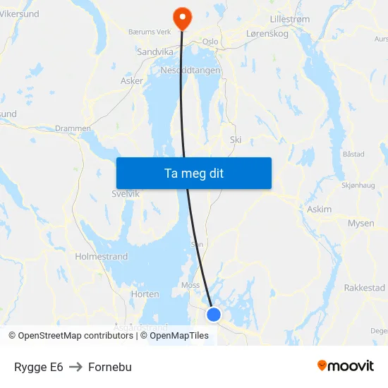 Rygge E6 to Fornebu map