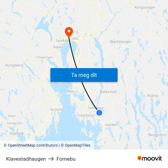 Klavestadhaugen to Fornebu map