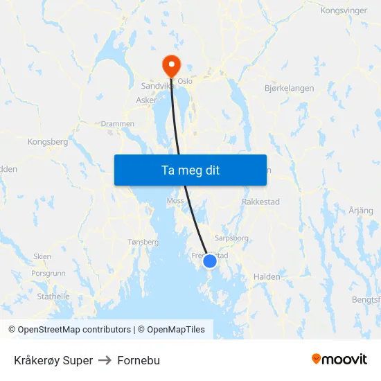 Kråkerøy Super to Fornebu map