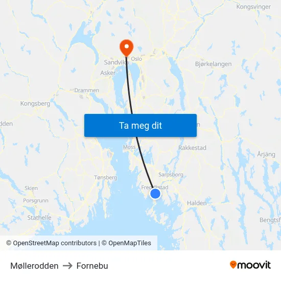 Møllerodden to Fornebu map