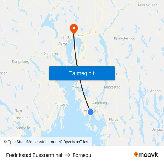 Fredrikstad Bussterminal to Fornebu map