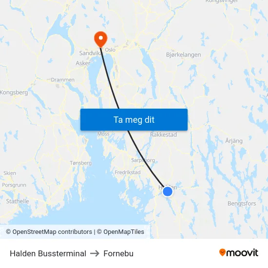 Halden Bussterminal to Fornebu map