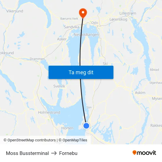 Moss Bussterminal to Fornebu map