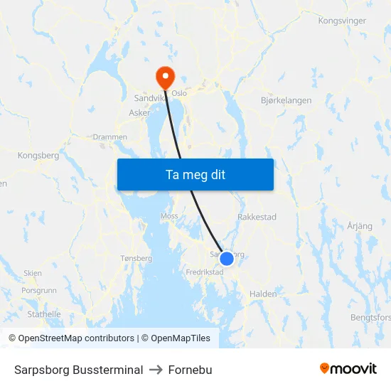 Sarpsborg Bussterminal to Fornebu map