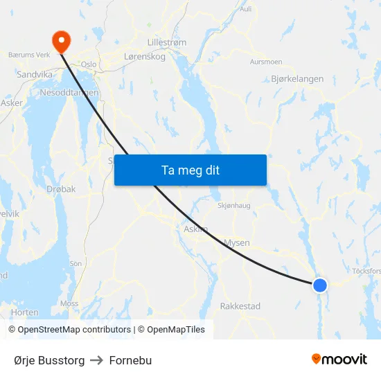 Ørje Busstorg to Fornebu map