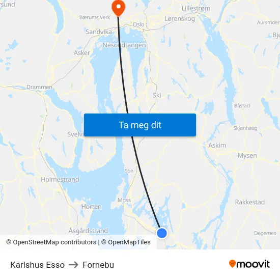 Karlshus Esso to Fornebu map